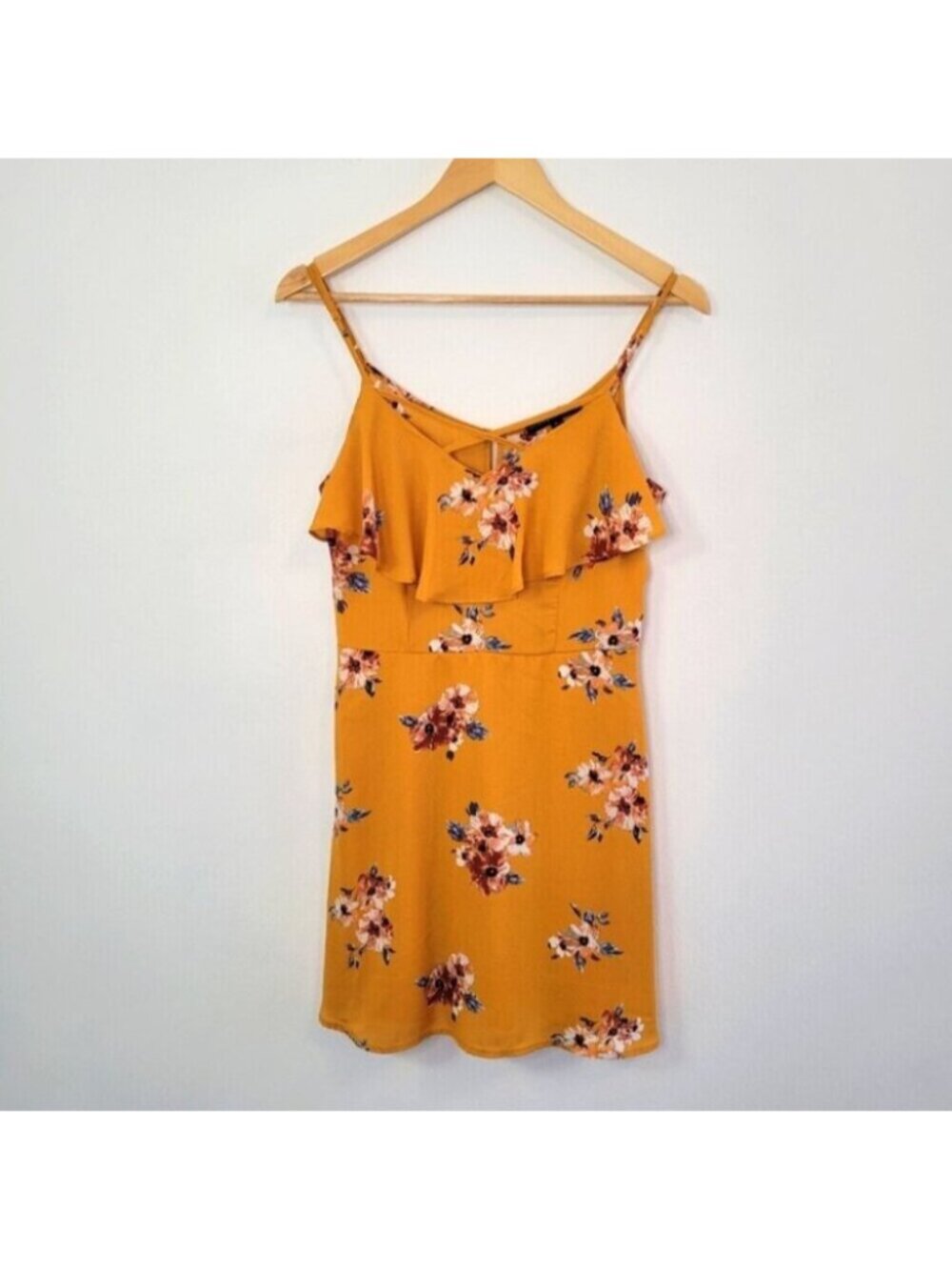 Three Pink Hearts Mustard Yellow Floral Ruffle Spaghetti Strap Dress Size XL
